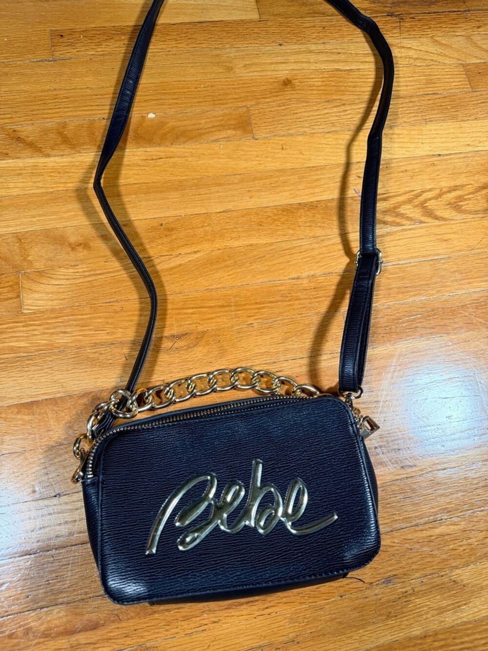 Bebe Black Crossbody Bag with Gold Chain & Logo Detail